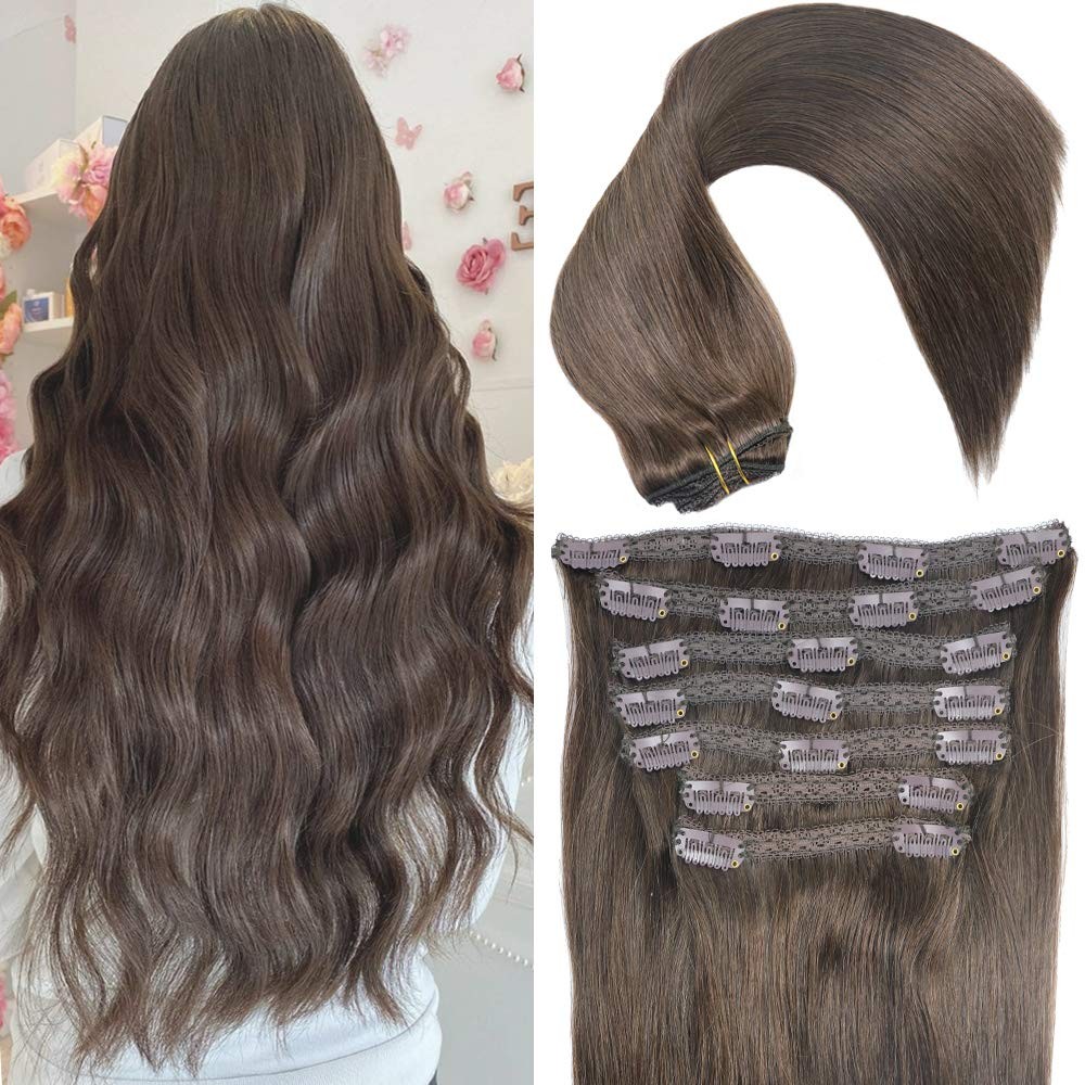 Real Human Hair Lace Clip In Hair Extensions Thick Ends 20inch 120g Color Dar…