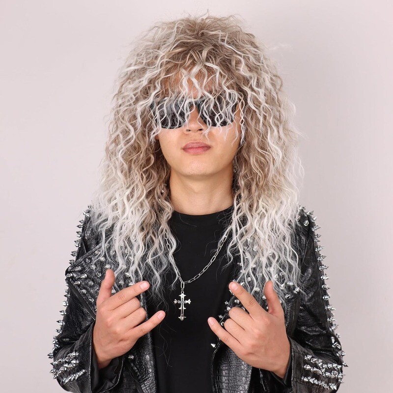 Men’s White Wig Man’s Long Curly Wavy Black Synthetic Full Wig+Wig Cap