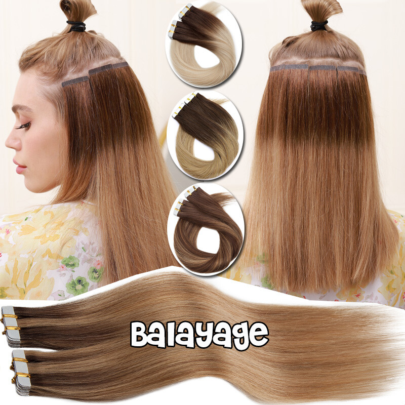 20/40/60pcs Thick Tape In Human Hair Extensions Skin Weft Body Wave Curly #Brown