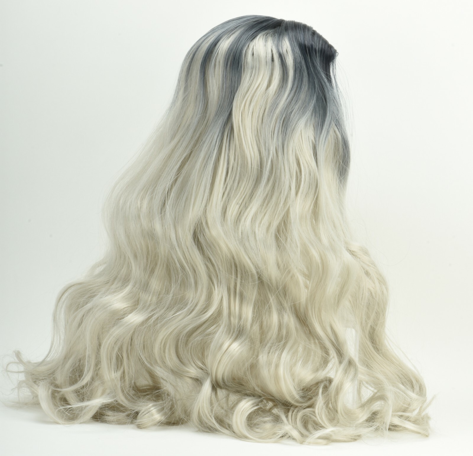 Women Lady Ash Gray Silver White Ombre Long Wavy Curly Blonde Wig Synthetic Hair