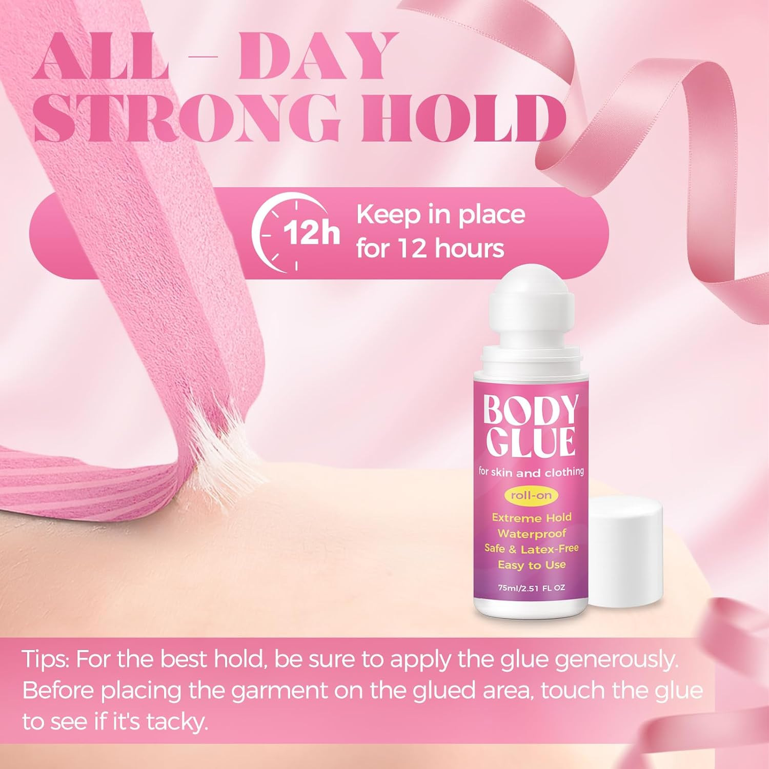 Body Glue for Clothes & Skin 2.54 Oz, Body Adhesive Roll-On, Sweat Resistant, Wa