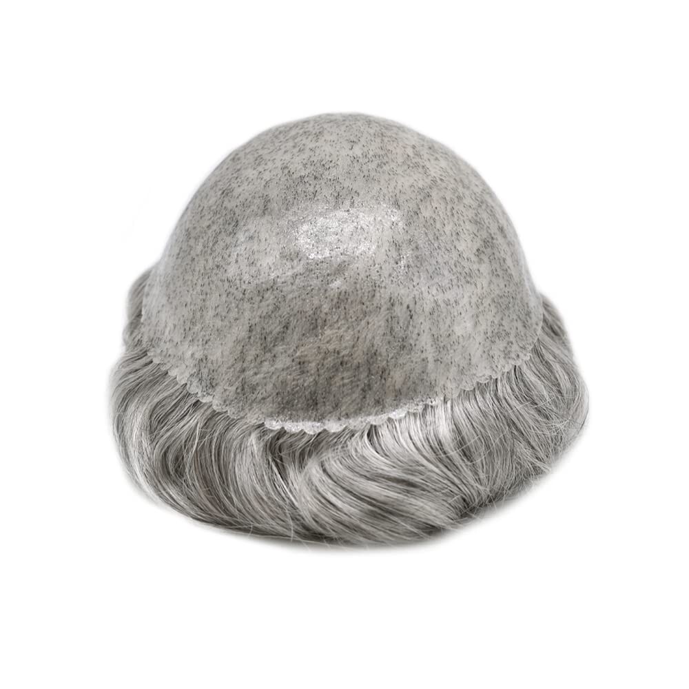 All PU Mens Toupee Human Hair Replacement System Skin PU Grey Brown Hairpiece