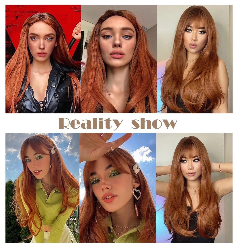 Red Brown Copper Long Straight Synthetic Wig with Bangs Women’s Natural Hair
