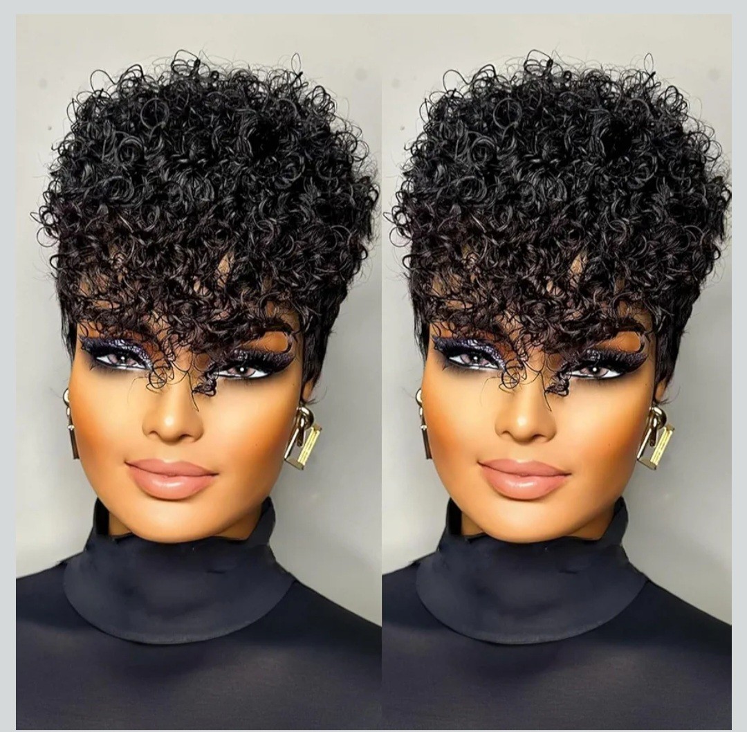 Women’s Short Black Curly Pixie Synthetic Wig, One Size, Adjustable Strap