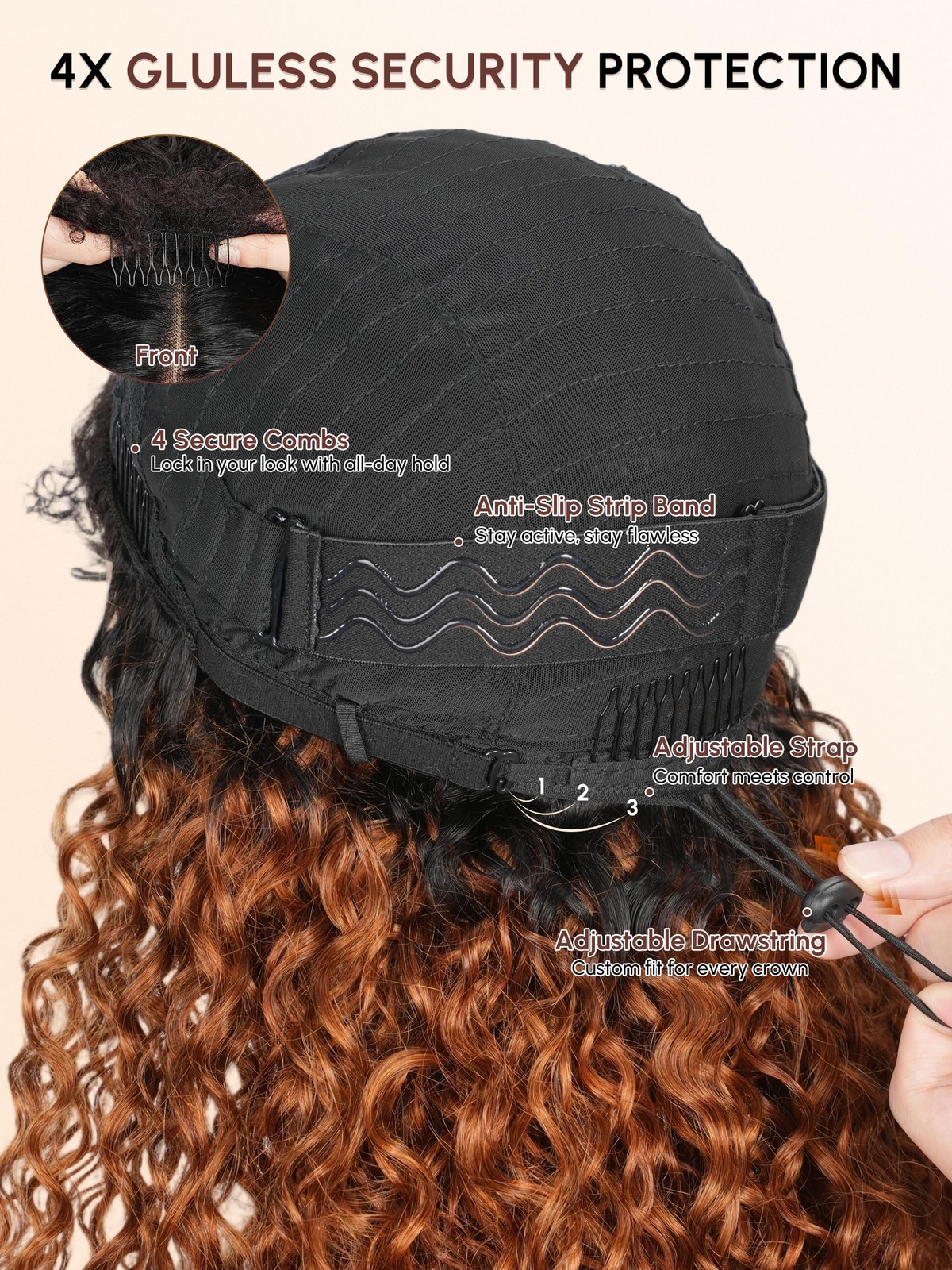 Shangyinfa T1B/30 Water Wave Half Wig Human Hair Ombre Drawstring Invisi Cap 4C