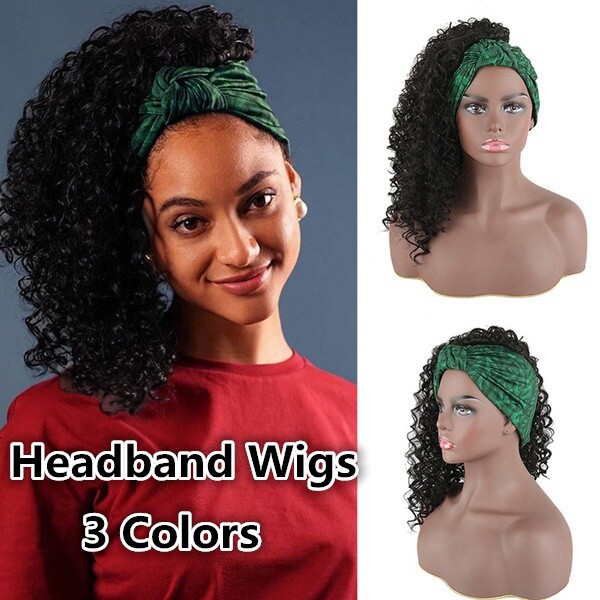Short Kinky Curly Headwrap Wig Drawstring Full Headband Wig Synthetic Wig