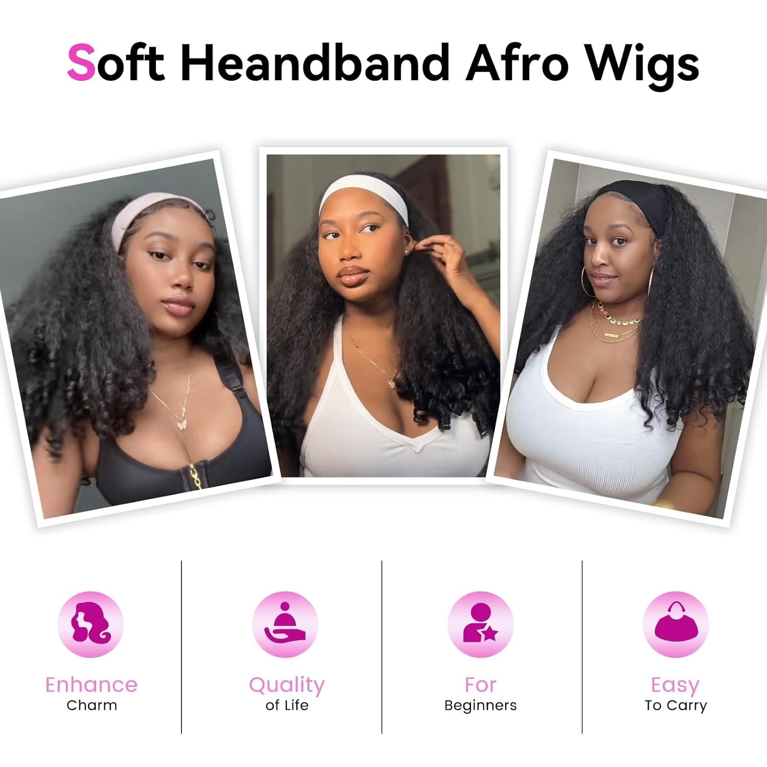 24in Afro Curly Glueless Headband Soft Synthetic Wig with Bouncy End Curls #1B