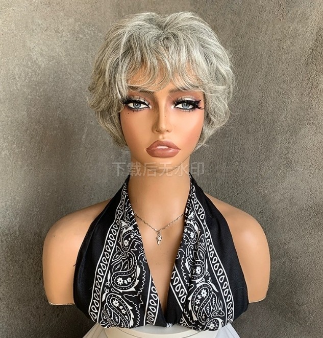 Short Silver Gray Pixie Cut Wigs 100% Human Hair Wigs with Bangs Silk Base Crown