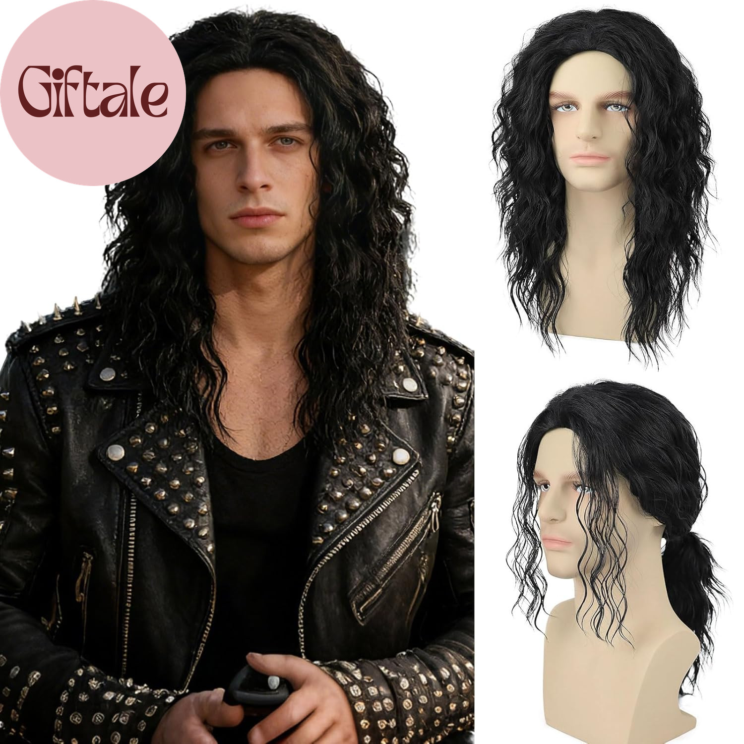 Mens Black Curly Wig 70S 80S Long Wavy Synthetic Hair Wigs for Rocker Costume Pa