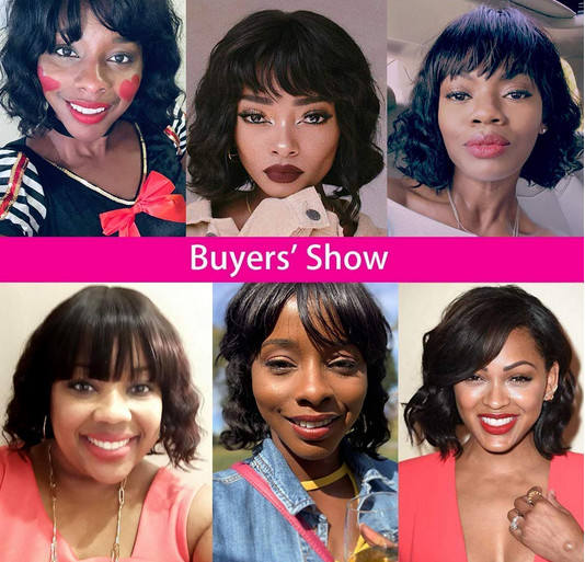 100% Remy Human Hair Wig Short Black Slight Wave Wig with Bangs Lace Front Wigs