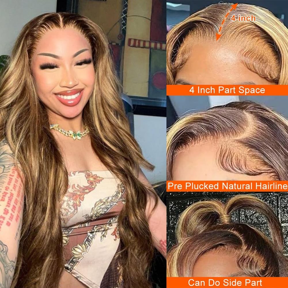 13×4 HD Body Wave Highlight Ombre Lace Front Wig Human Hair Pre Plucked 4/27 …