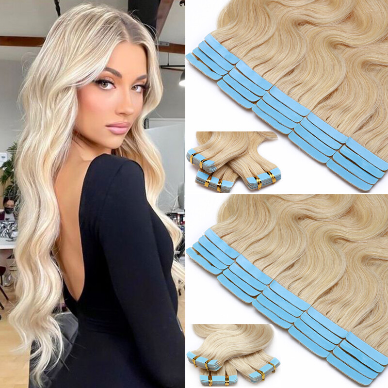CLEARANCE Tape In 100% Real Human Hair Extensions Curly Wavy THICK Skin Wefts US