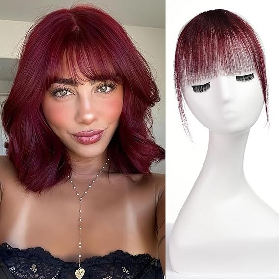 CLIP IN BANGS 100% REAL HUMAN HAIR EXTENSIONS WISPY BANGS – BURGUNDY & ORANGE