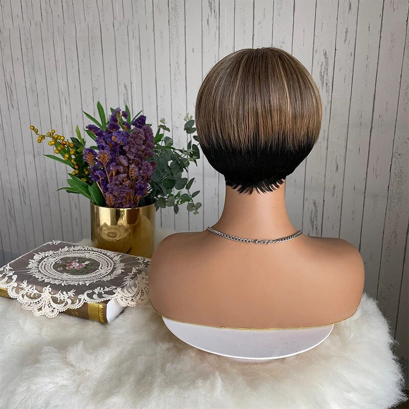Pixie Cut Wigs with Bangs for Black Women Short Ombre Ash Brown Mixed Black Wigs