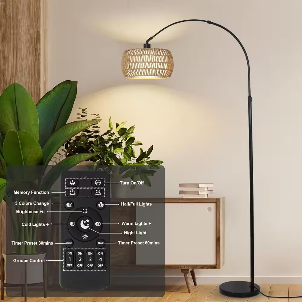 72 In. Brown & Black 1-Light Smart Arc Floor Lamp with Rattan & Fabric Double Dr