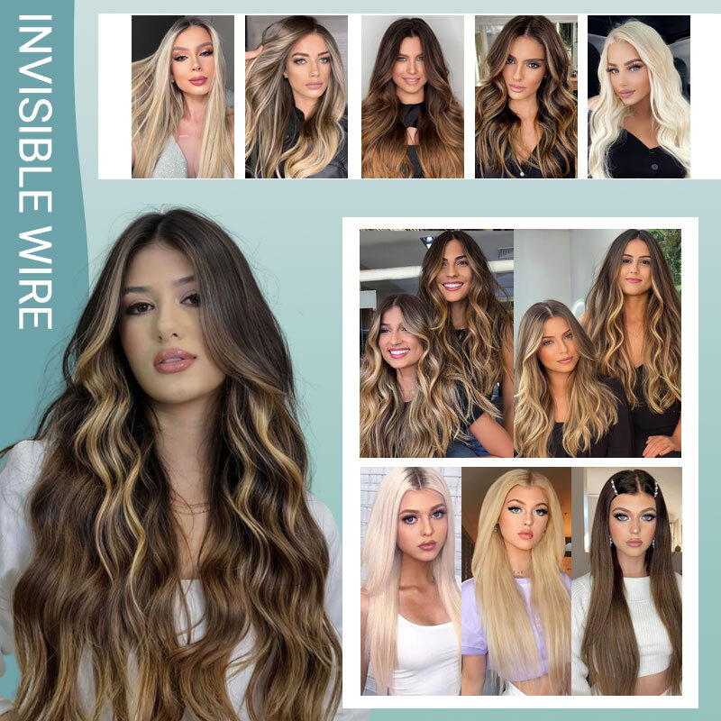 US Balayage Real Natural Long Wavy Wire Hair Extensions for Women 3/4 Full Head