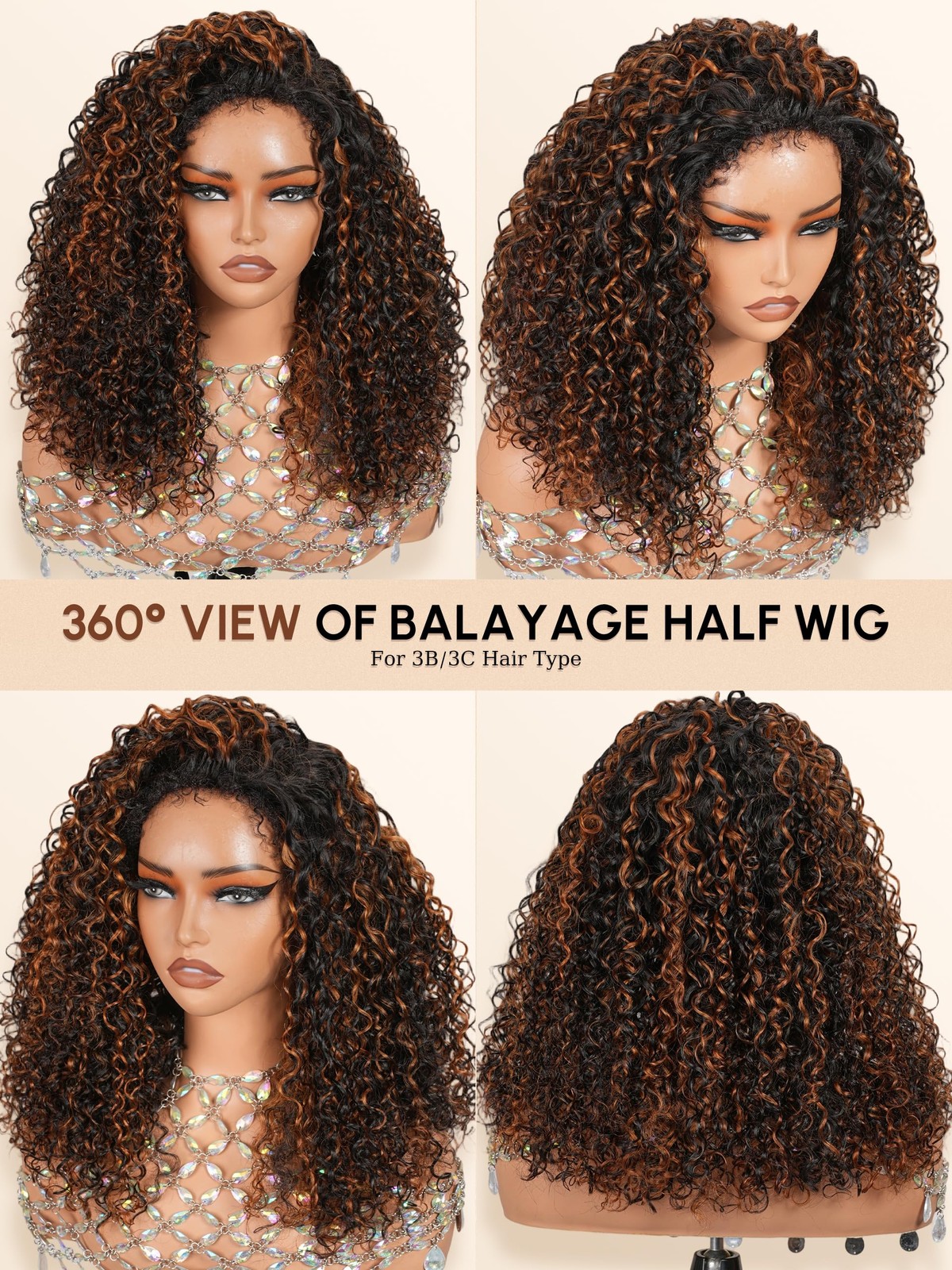 Shangyinfa Balayage 1B/30 Water Wave Half Wig Human Hair Flip Over Drawstring