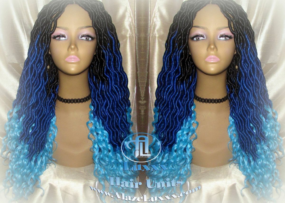 Goddess Locs Blue Ombre curly synthetic Mermaid Drag Queen Cosplay Wig Carnival