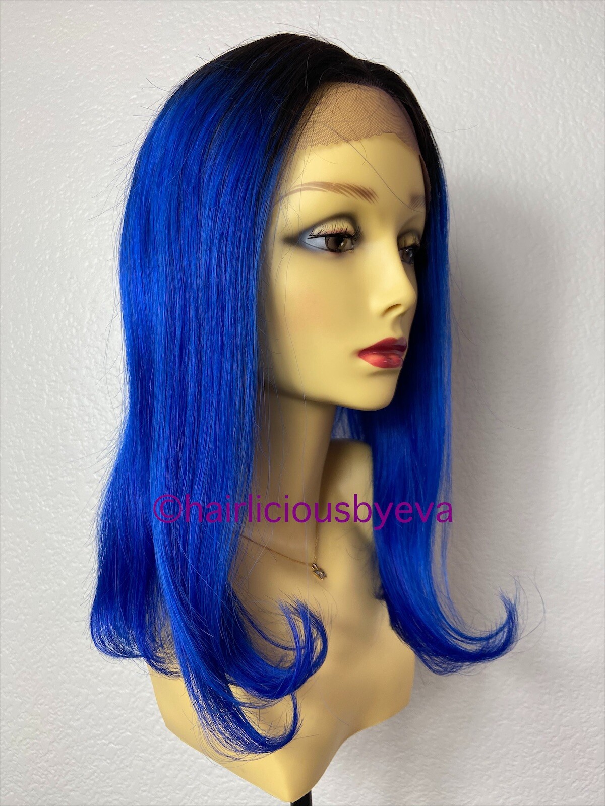 100 Percent Human Hair Wig Blue Ombré Black Lace Front Middle Part 16 Inch Long