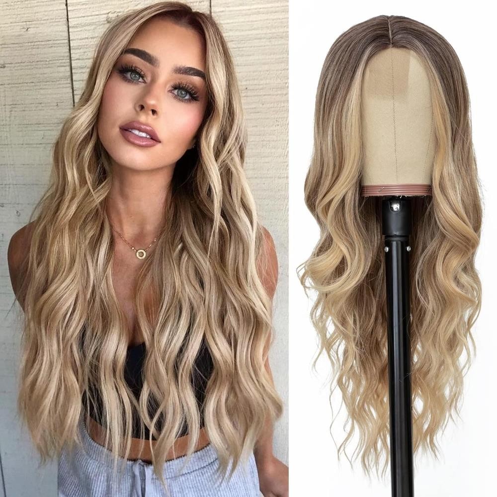 NAYOO Long Ombre Blonde Wavy Wig for Women 26 Inch Middle Part Curly Wavy Wig