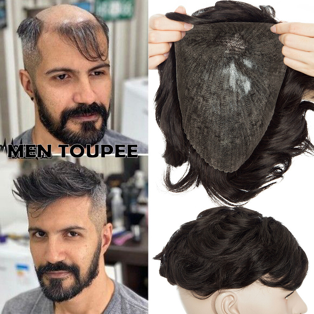 Mens Toupee Swiss Lace Hairpiece Poly PU Skin Around Hair System Replacement Wig