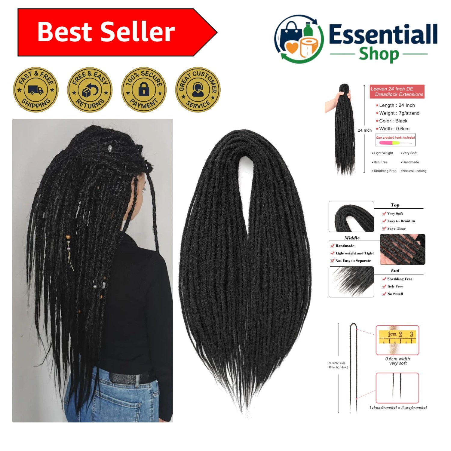 Natural Black 24 Inch Double Ended Dreadlocks – Soft and Lightweight Extensions