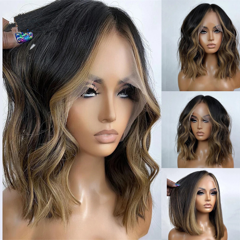 Short Bob Wigs Human Hair Glueless Brazilian Hair Ombre Black Brown 200% Density