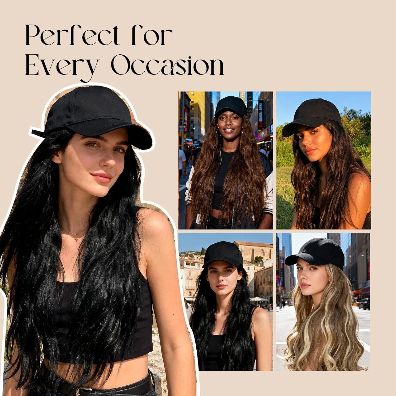 16″ Long Wavy Hat with Hair Attached for Women Natural Black Baseball Cap Wigs