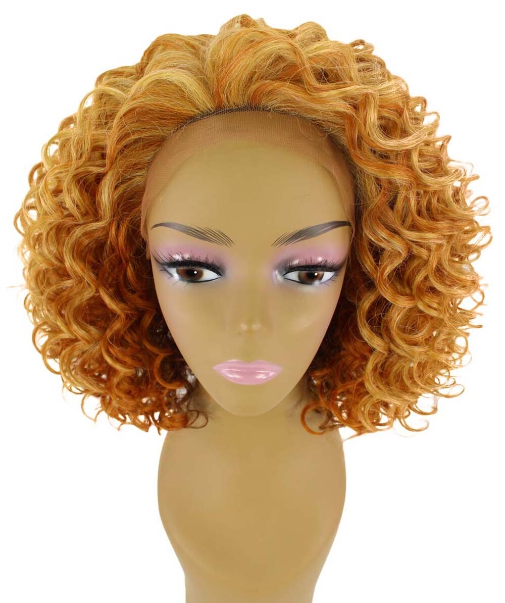 LUXLUXE Idia Curly 13 Inch Long 4X4 Hand-Tied Lace Front Wig, Strawberry Blonde