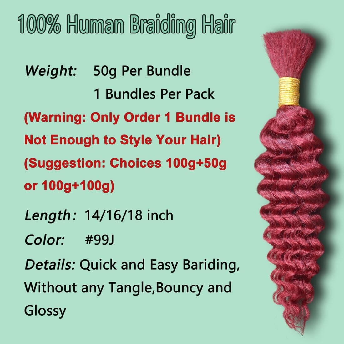 100% Unprocessed 16” 50g Burgundy Deep Wave Hair – Perfect for Braiding Styles