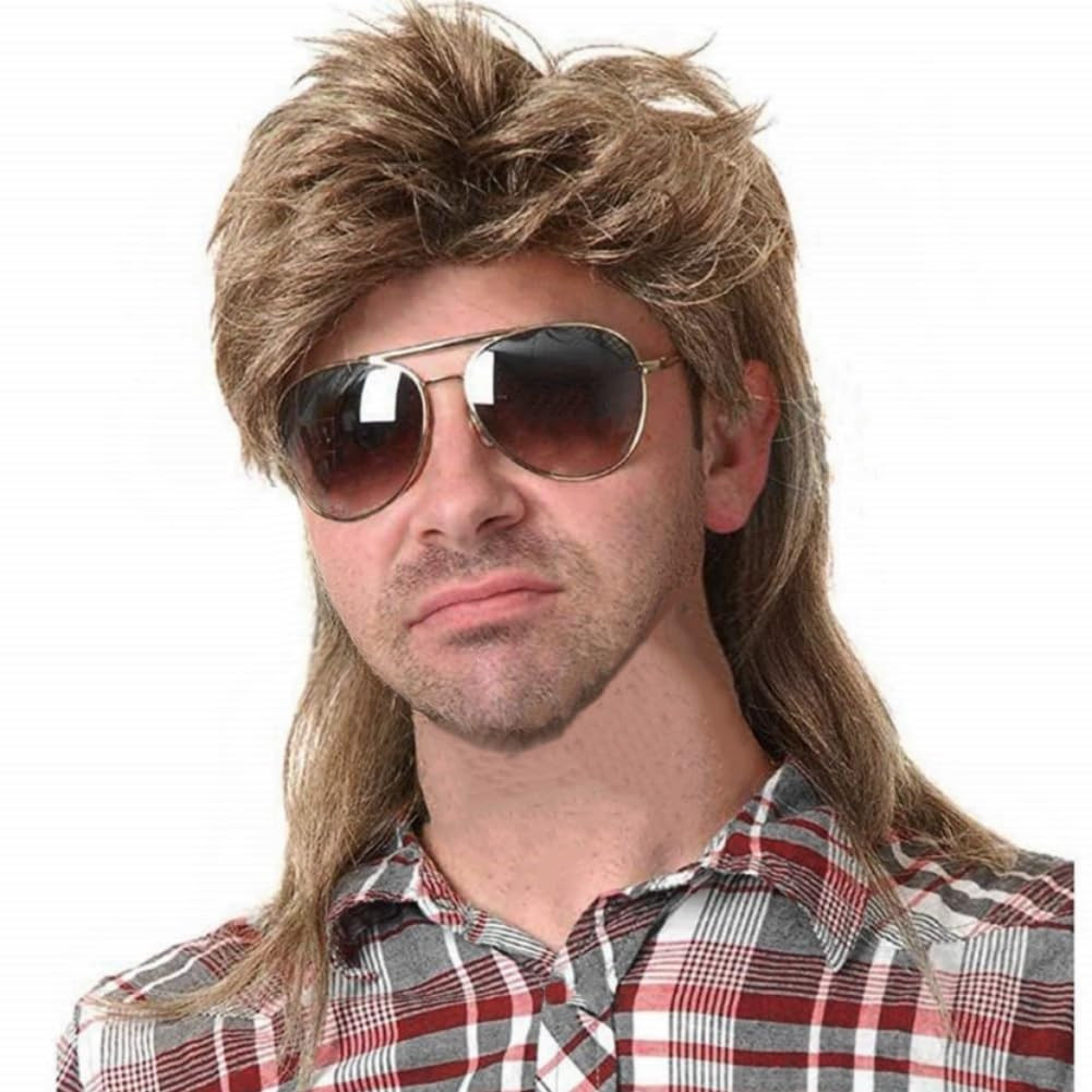 Swiking Mens Mullet Wig Light Brown Retro 70S 80S Disco Rocker Curly Punk Fancy