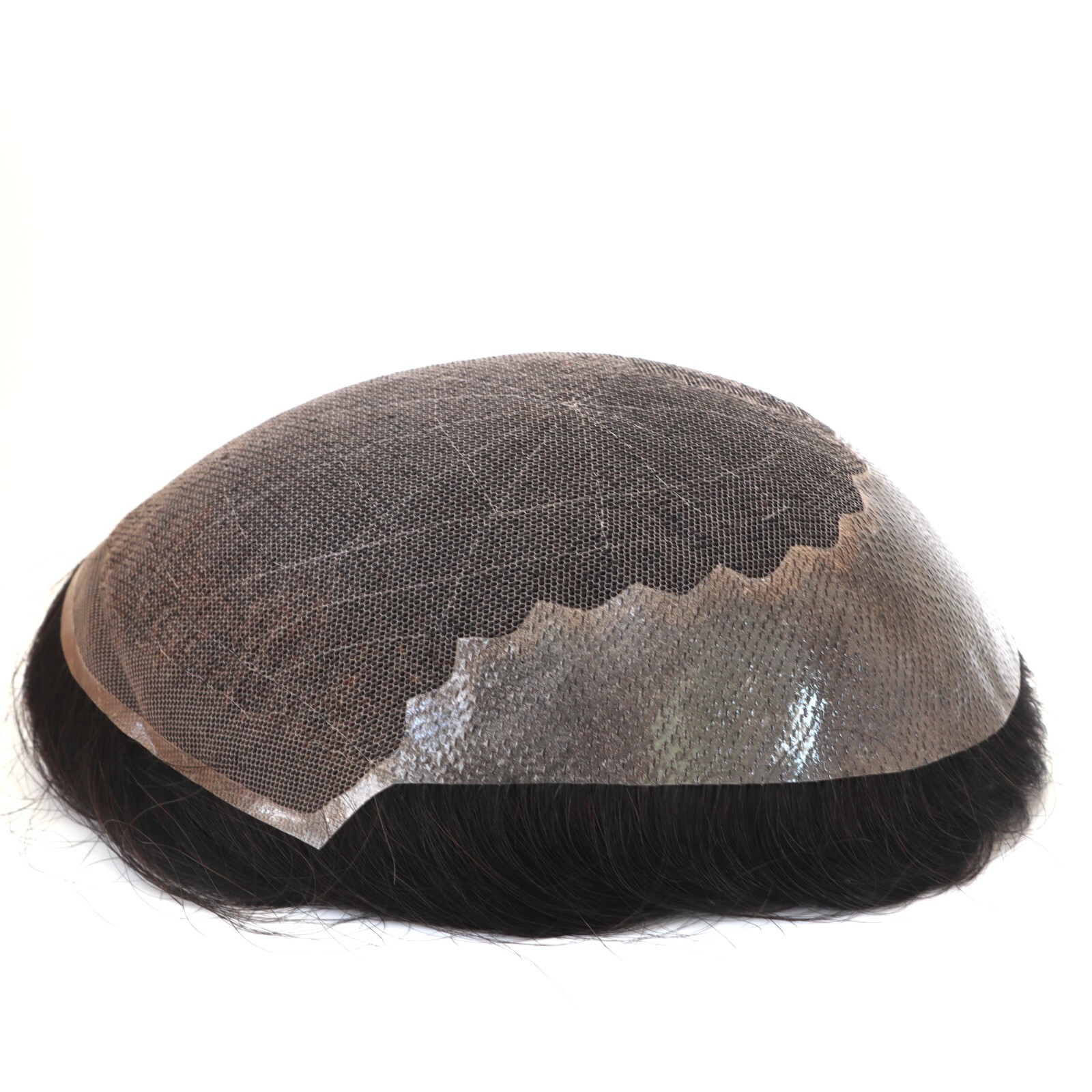 Mens Toupee Human Hair Replacement Poly Skin System Fine Mono Remy Hairpiece #1B