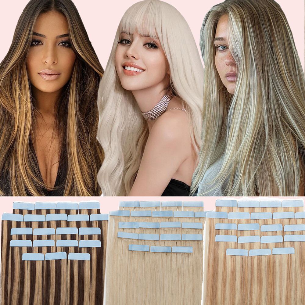 Invisible Tape In Remy Human Hair Extensions Skin Weft FULL HEAD THICK Straight