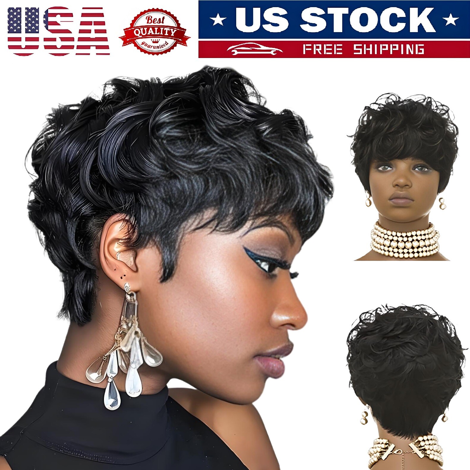 Short Black Curly Pixie Wigs Synthetic Natural Wavy Hair Wigs for Black Women US