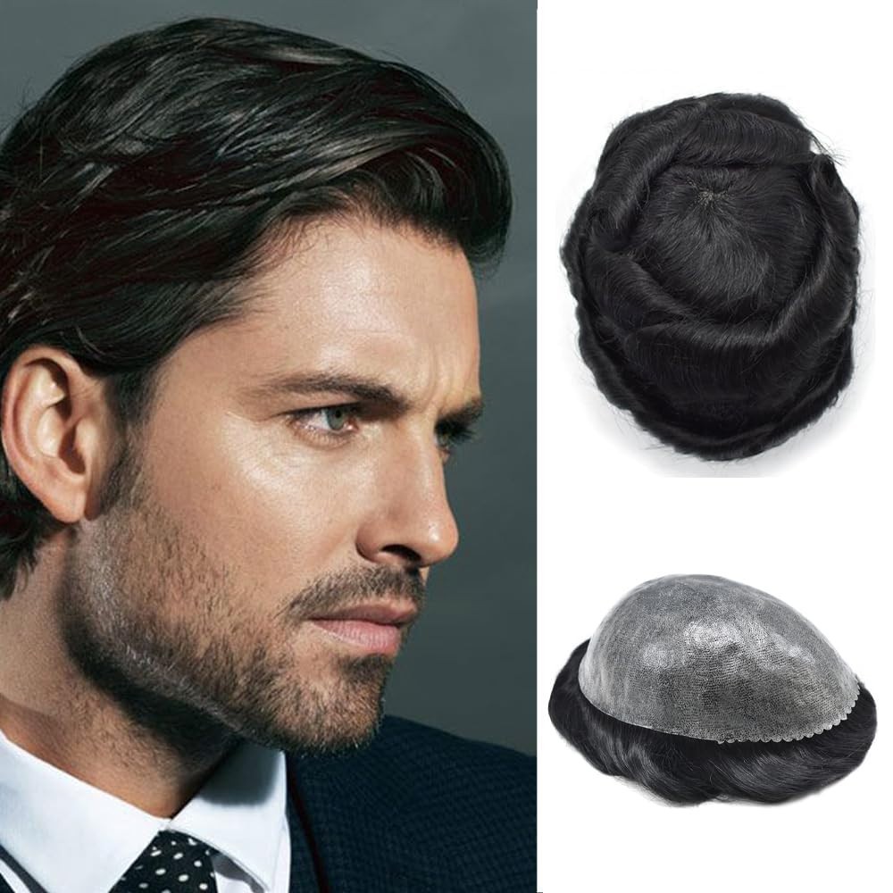 Mens Toupee Human Hair System Thin Skin Toupee for Men Hairpiece All Poly