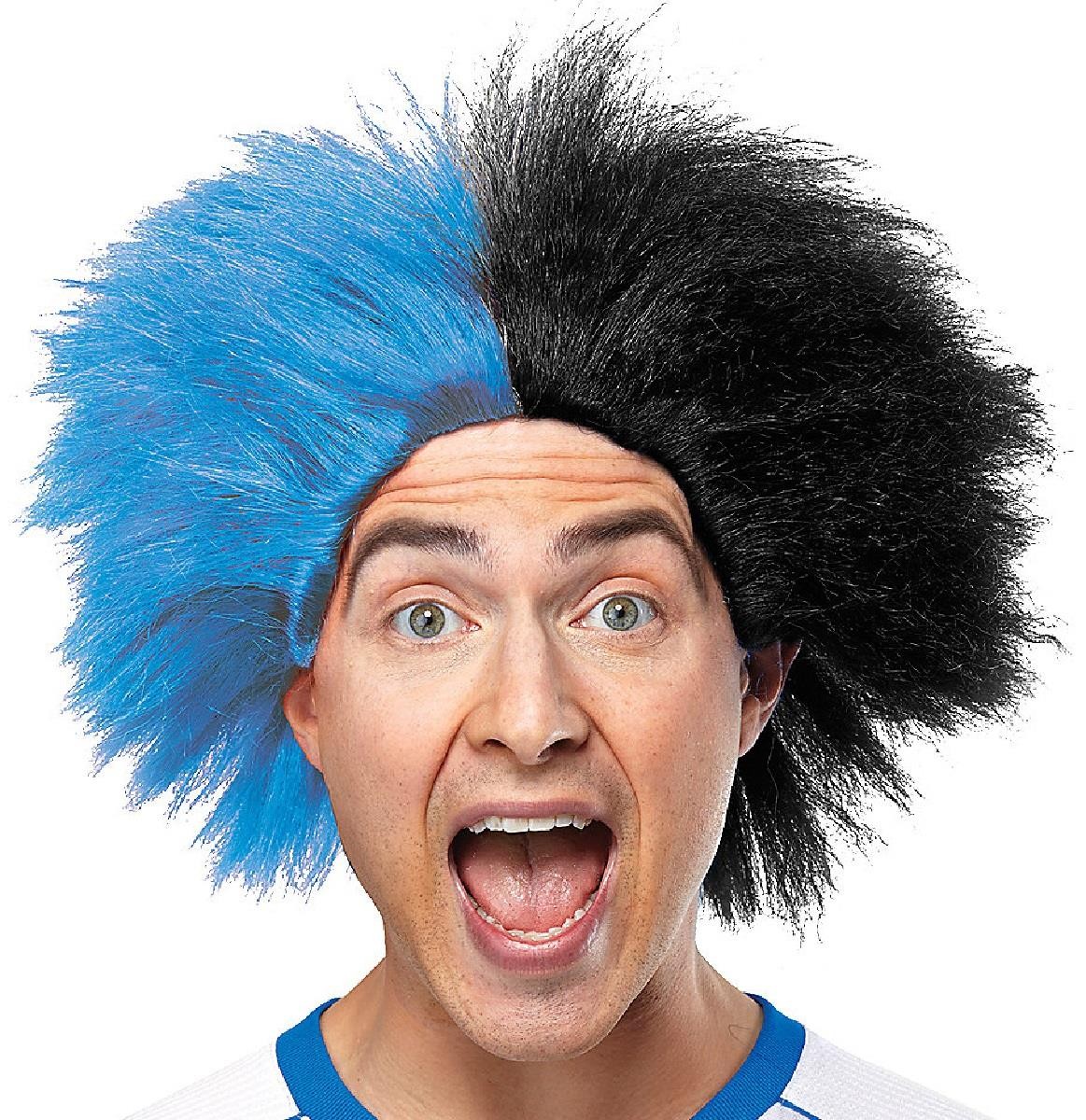 Blue & Black 2-Tone Sports Fan Wig Team Spirit Unisex Crazy Hair Adult Costume