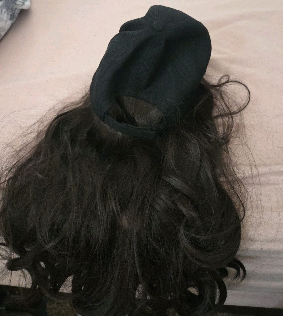 Women Adjustable Baseball Cap Hat Wig Curly Dark Brown Casual Hat 26 Inches