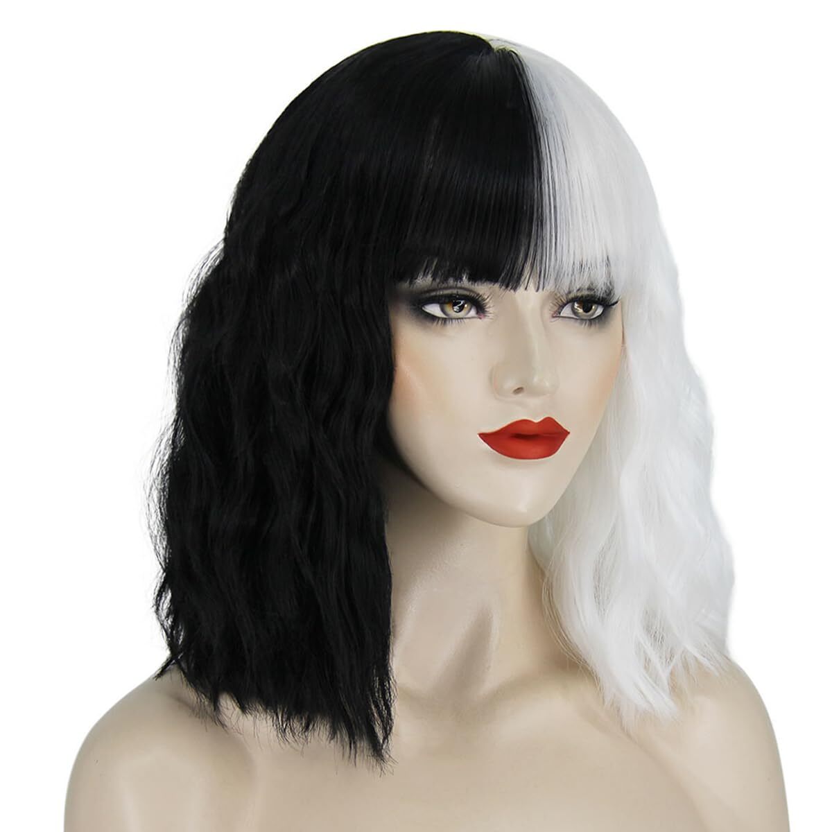 Cruella Deville Black and White Hair Wig w/bangs Costume w/Mask Gloves C-Rod