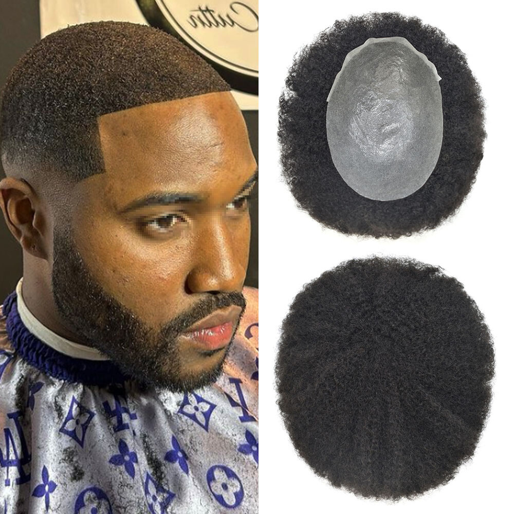 Afro Curl Mens Toupee Thin Skin Pu African American Hair System Replacement