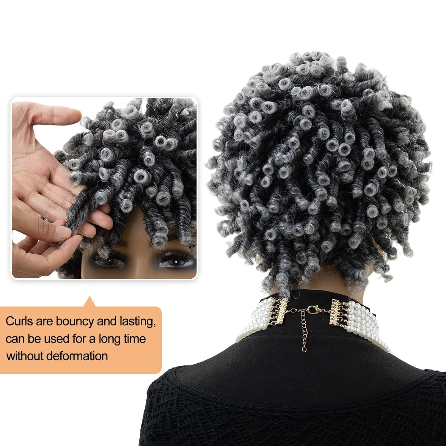 MIMAN Tight Curl Short Black Grey Afro Wig curly kink twist woman synthetic 10″