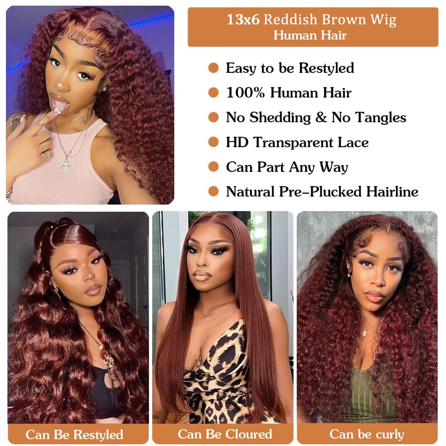 30″ Reddish Brown Curly Lace Front Wig – 180 Density Deep Wave, Pre-Plucked, HD