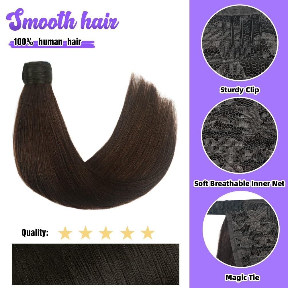 Winsky 20 Inch Human Hair Ponytail 90G Long Wrap Around Ponytail Medium Brown