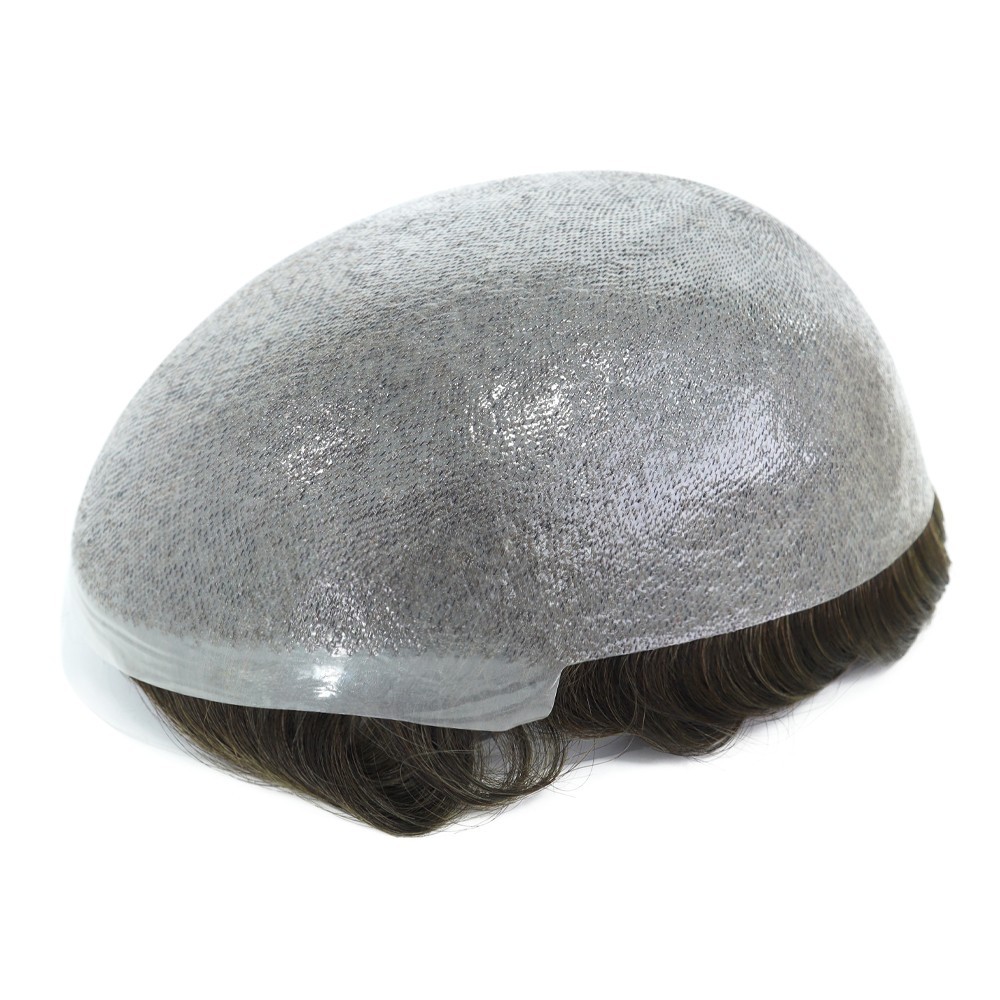 Mens Toupee Thin Skin Knotted Human Hair Replacement System Hairpieces Brown #4