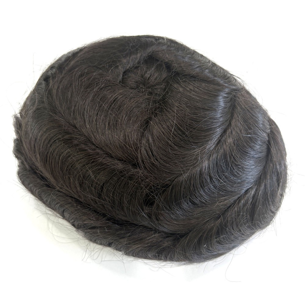 Mens Toupee Poly Skin Hybrid Remy Hair #1B Natural Black Breathable Hair System