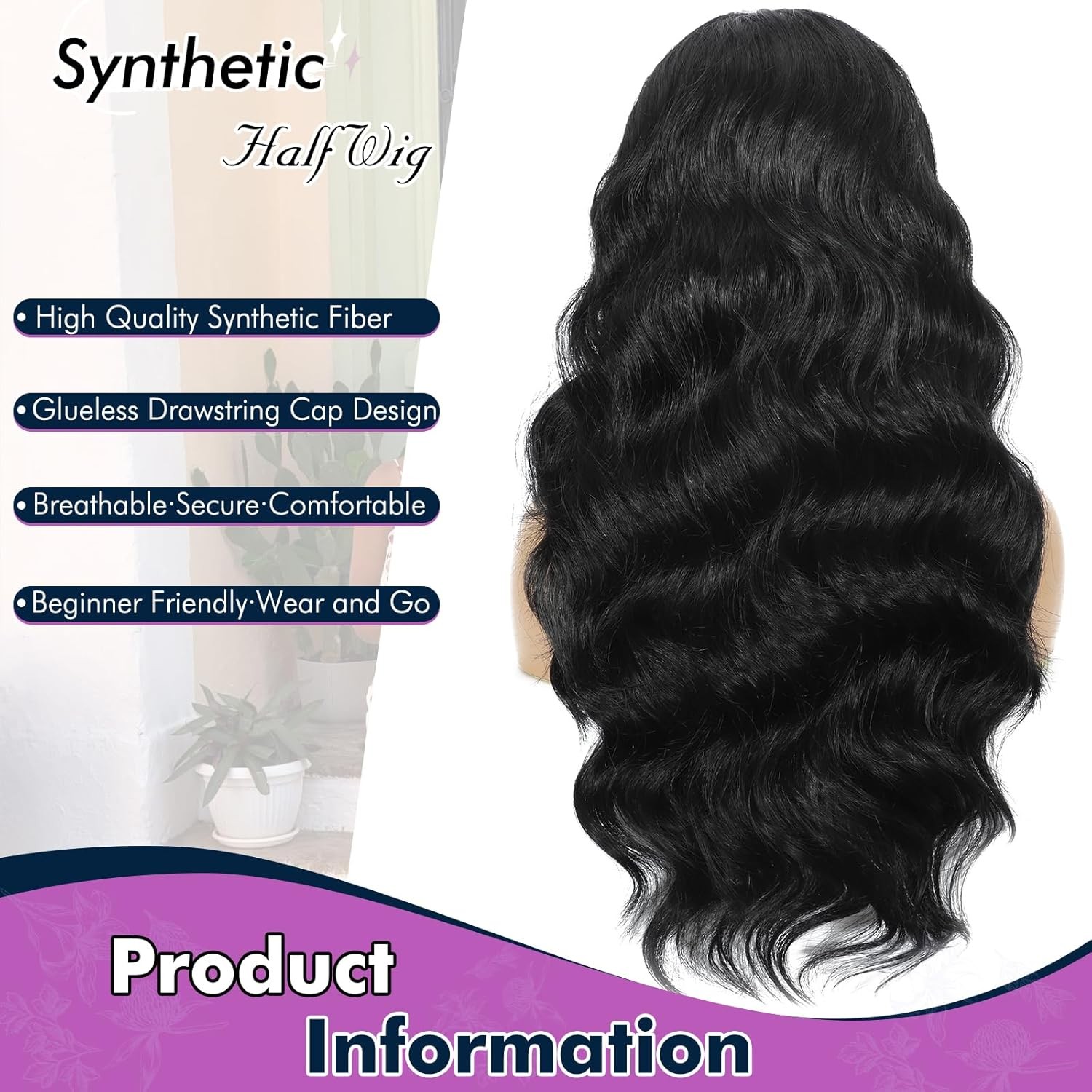 Synthetic Half Wig Body Wave 24 Inch Glueless Flip Over Black Wavy Hair