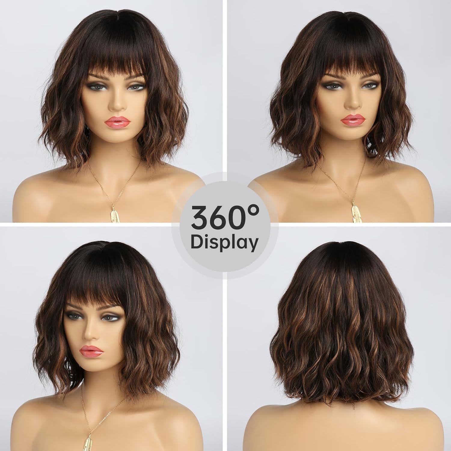 14″ Brown Gold Highlight Wavy Bob Wig for Women Daily Wear 97E209905