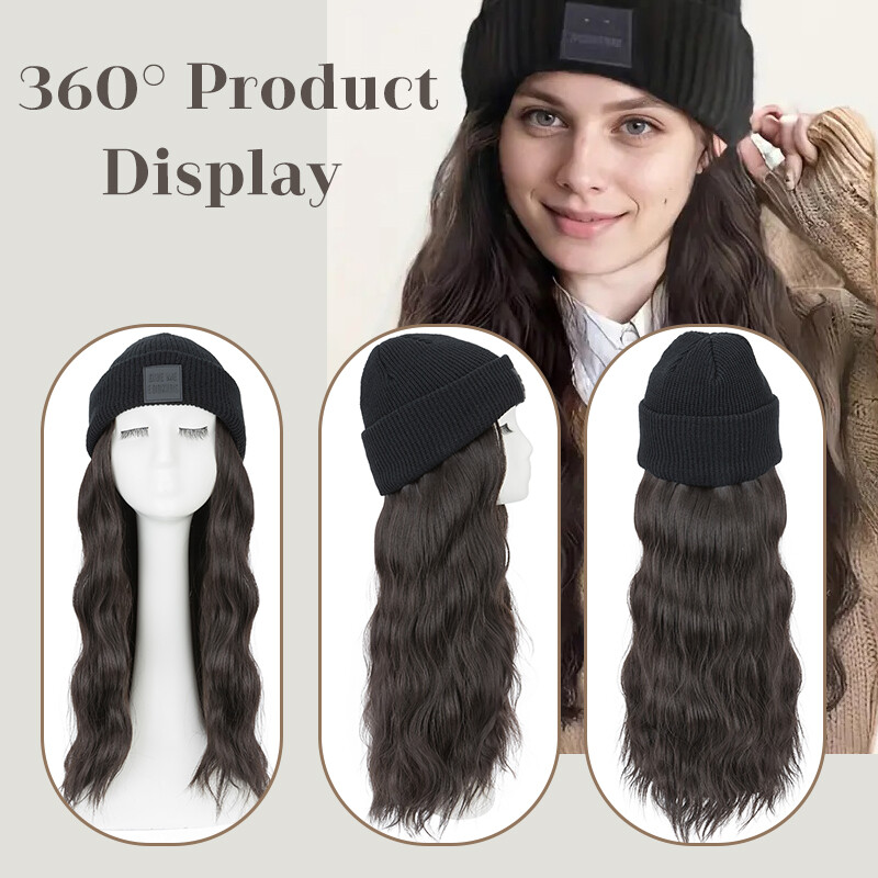 Women Knitted Beanie Hat Long Curly Wavy Wig Synthetic Hair Winter Slouchy Cap