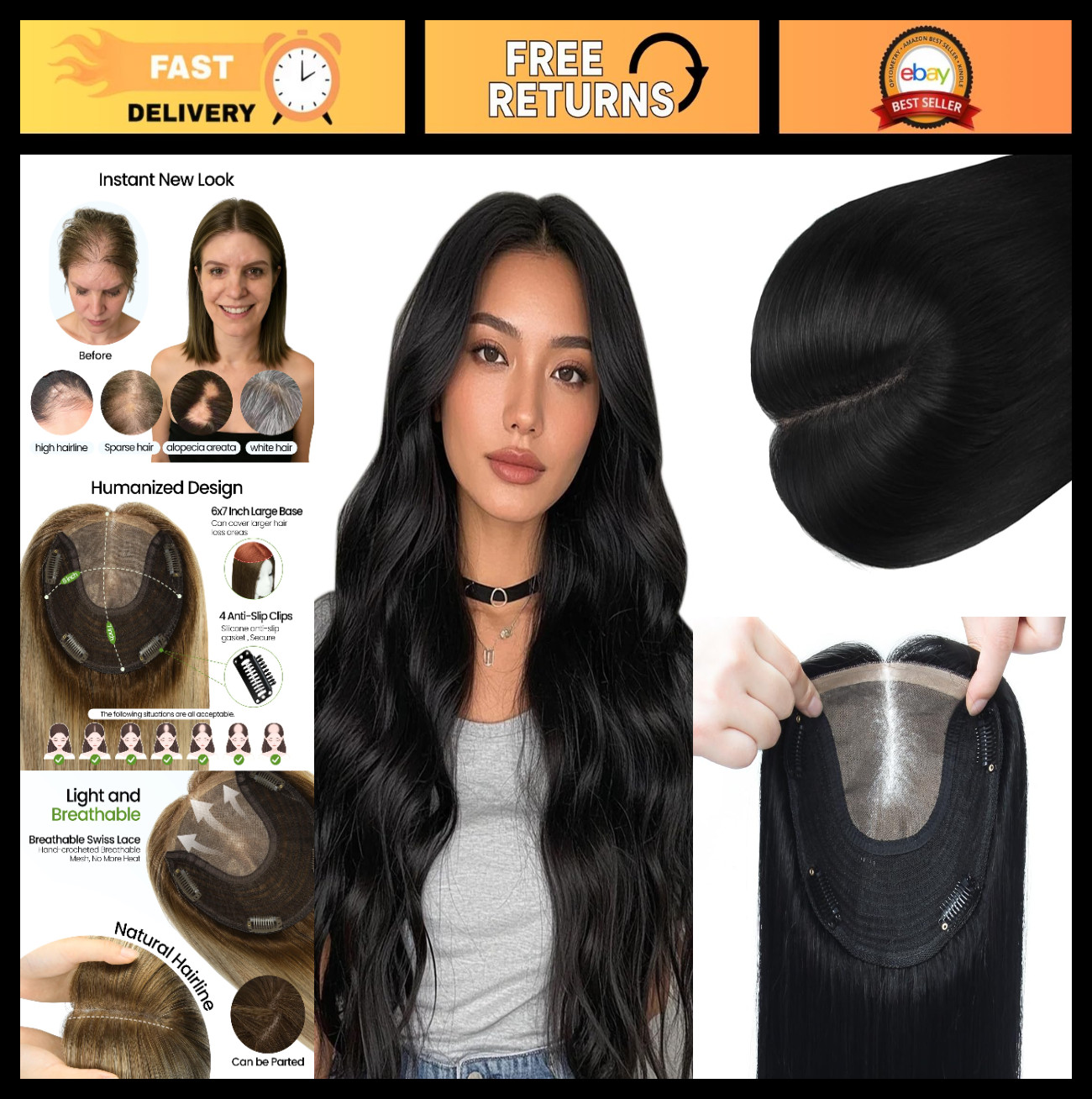 Real Human Hair Toppers for Women – Clip-In, 6×7″ Base, Jet Black, 12″ Length