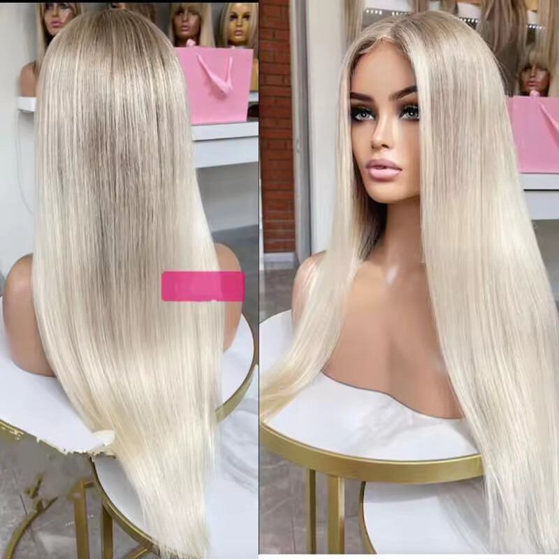 Light Ash Root with Platinum Blonde Wig 13X4 Lace Front Human Hair Wig for Daily