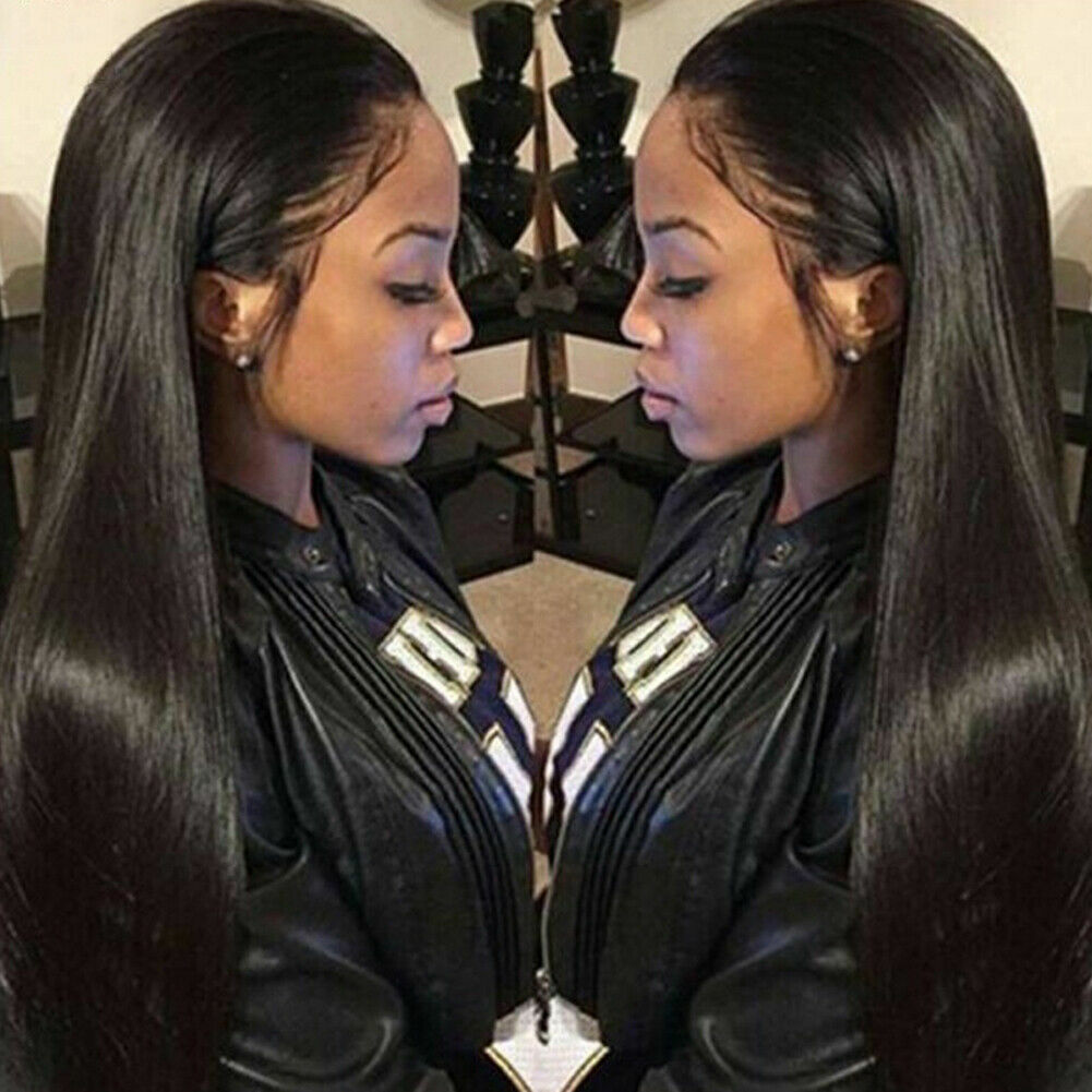 Women Black Long Straight Heat Resistant Human Hair Wig Natural Hairpiece NEW
